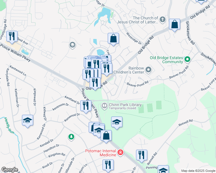 map of restaurants, bars, coffee shops, grocery stores, and more near 4142 Cressida Place in Woodbridge