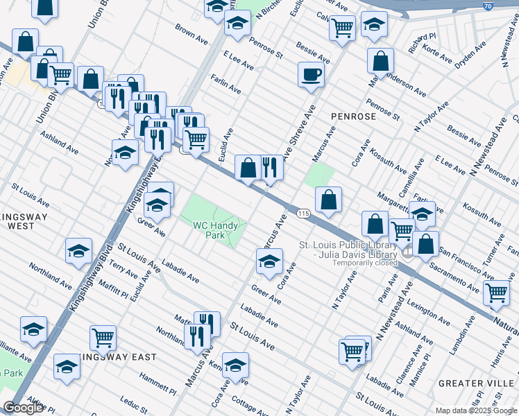 map of restaurants, bars, coffee shops, grocery stores, and more near 4739 Palm Street in St. Louis