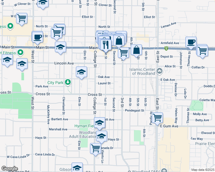 map of restaurants, bars, coffee shops, grocery stores, and more near 639 1st Street in Woodland