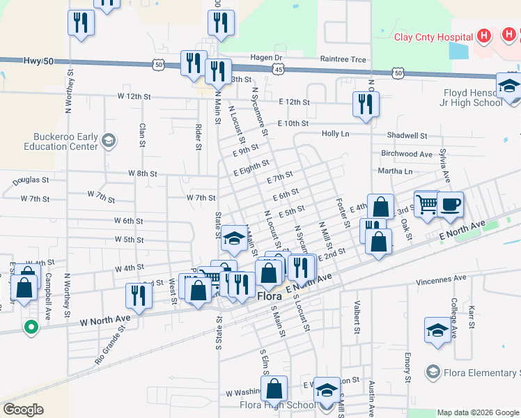 map of restaurants, bars, coffee shops, grocery stores, and more near 521 North Locust Street in Flora
