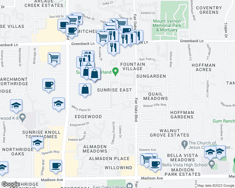 map of restaurants, bars, coffee shops, grocery stores, and more near 1B Sunrise Vista Drive in Citrus Heights