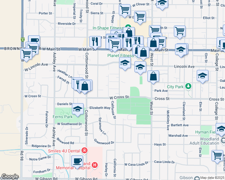 map of restaurants, bars, coffee shops, grocery stores, and more near 632 California Street in Woodland