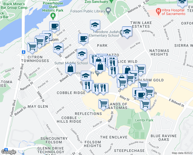 map of restaurants, bars, coffee shops, grocery stores, and more near 323 East Bidwell Street in Folsom