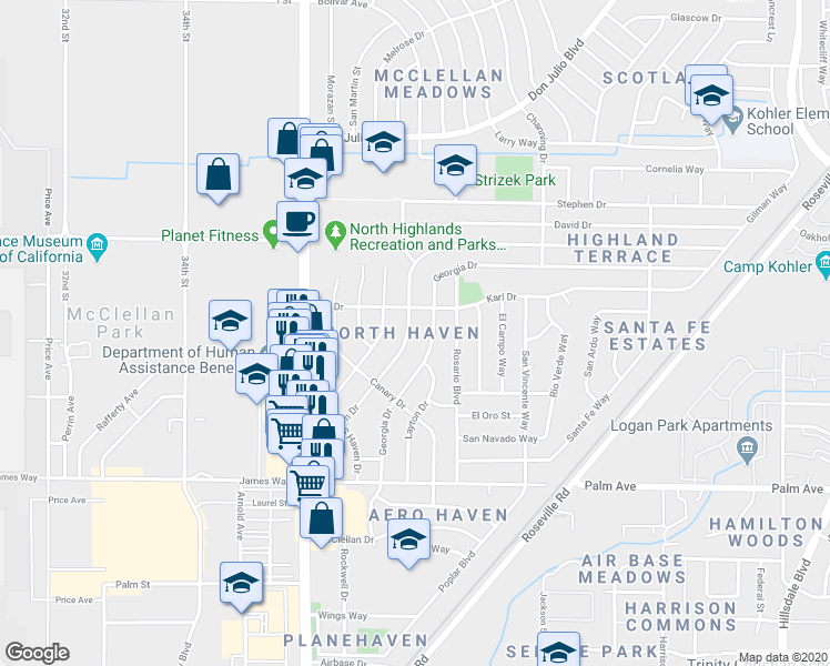 map of restaurants, bars, coffee shops, grocery stores, and more near 5844 North Haven Drive in North Highlands