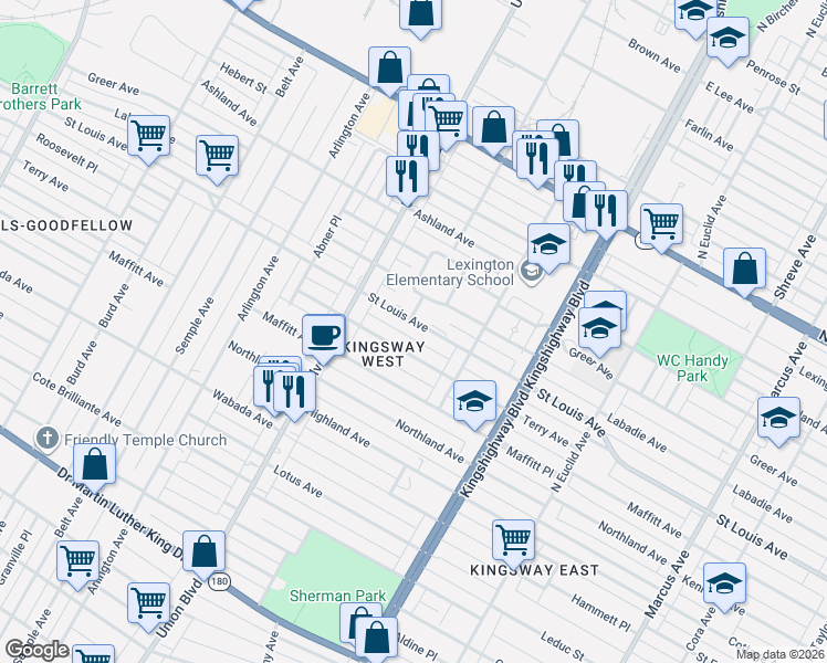 map of restaurants, bars, coffee shops, grocery stores, and more near 5158 Saint Louis Avenue in St. Louis