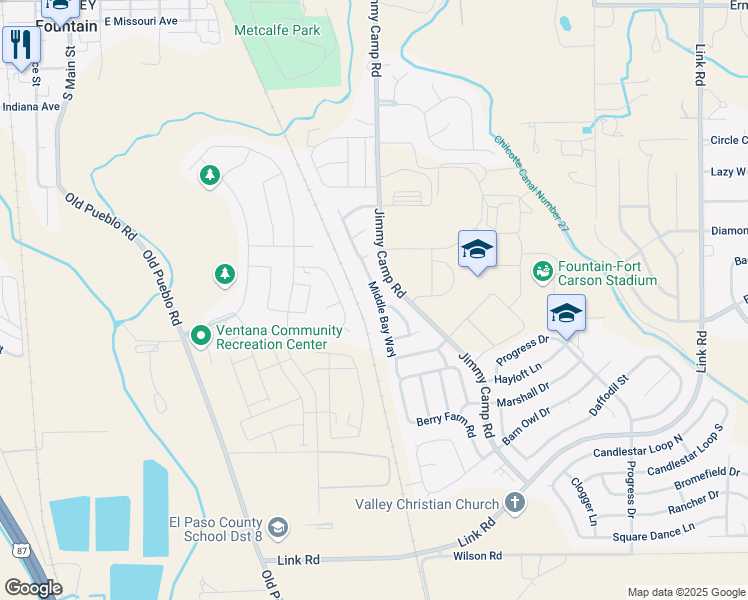 map of restaurants, bars, coffee shops, grocery stores, and more near 7603 Middle Bay Way in Fountain