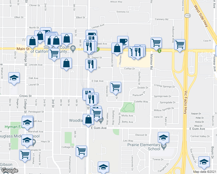 map of restaurants, bars, coffee shops, grocery stores, and more near 613 Denise Dr in Woodland