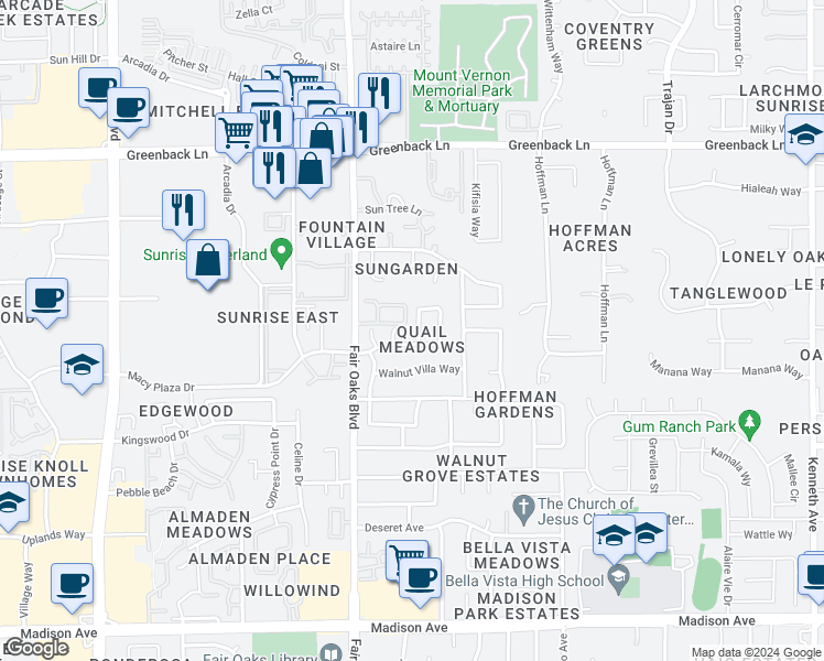 map of restaurants, bars, coffee shops, grocery stores, and more near 5907 Moss Creek Circle in Fair Oaks