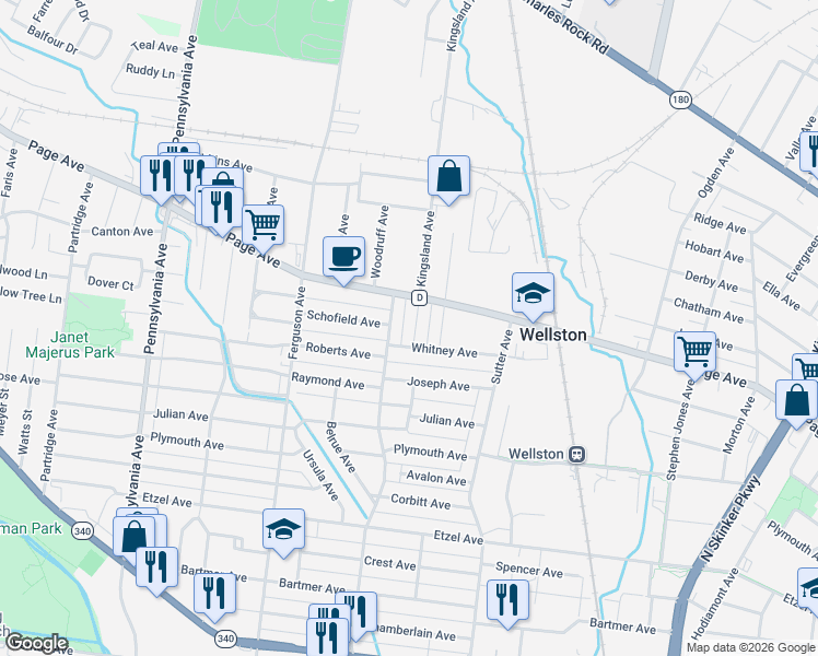 map of restaurants, bars, coffee shops, grocery stores, and more near 1210 Gruner Place in St. Louis