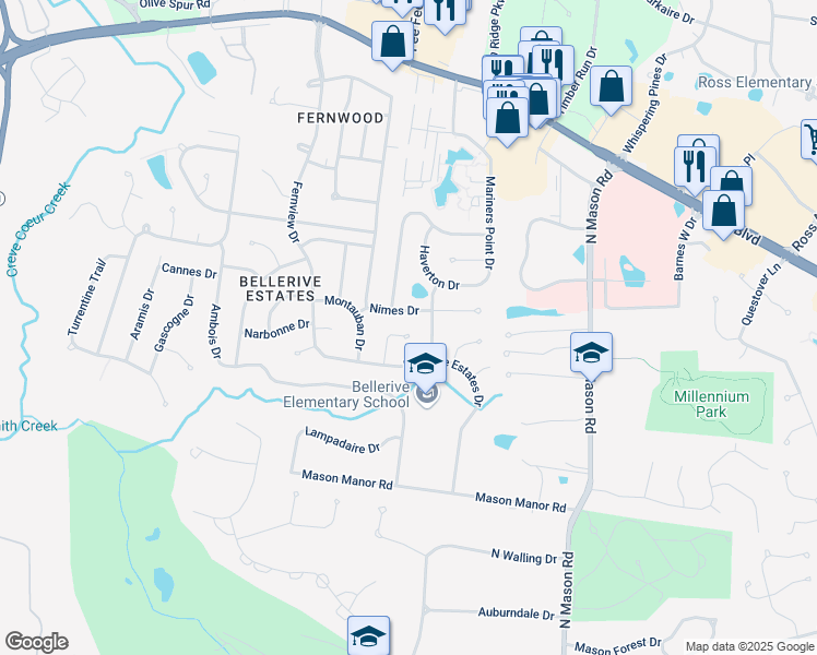 map of restaurants, bars, coffee shops, grocery stores, and more near 749 Beauvais Court in Creve Coeur