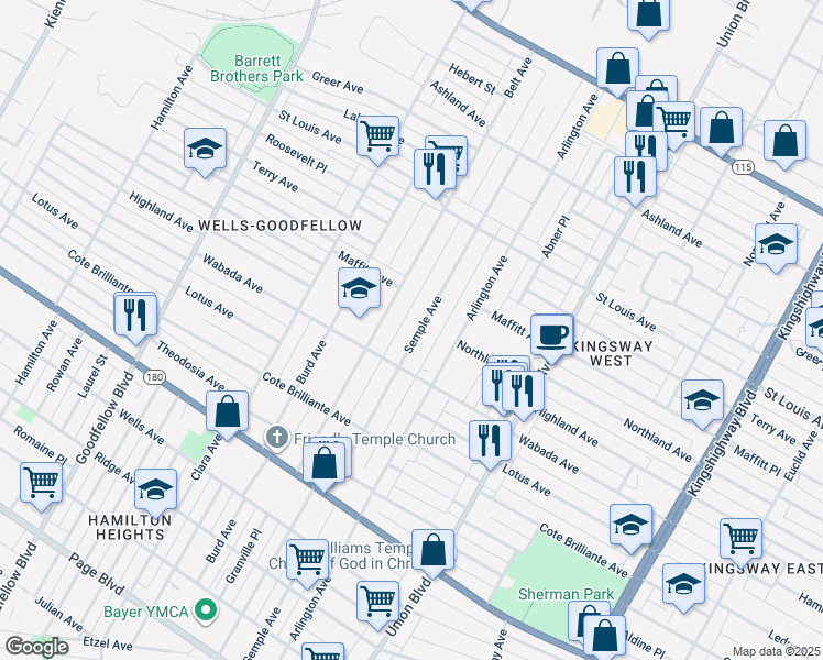 map of restaurants, bars, coffee shops, grocery stores, and more near 2541 Semple Avenue in St. Louis