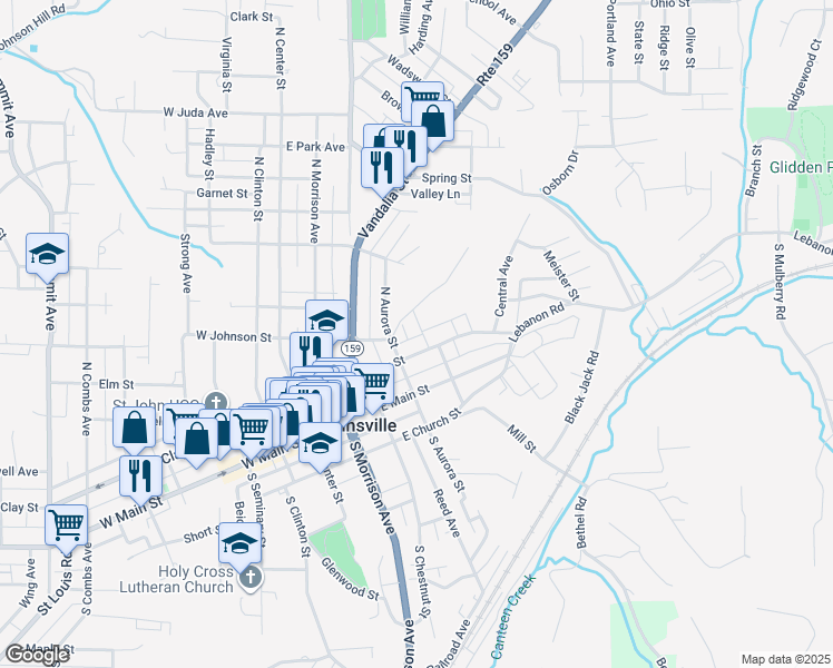 map of restaurants, bars, coffee shops, grocery stores, and more near 215 Harrison Street in Collinsville