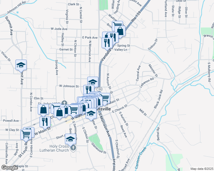 map of restaurants, bars, coffee shops, grocery stores, and more near 307 East Johnson Street in Collinsville
