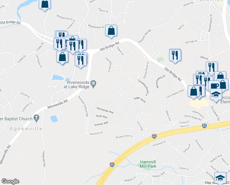 map of restaurants, bars, coffee shops, grocery stores, and more near 13066 Hunterbrook Drive in Woodbridge