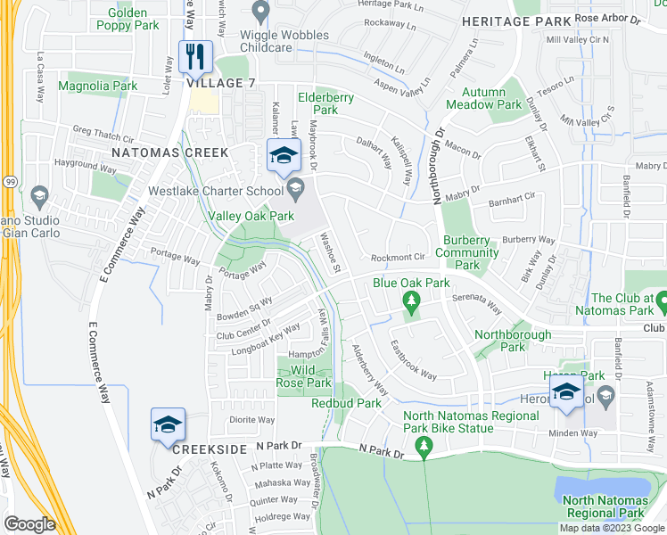 map of restaurants, bars, coffee shops, grocery stores, and more near 5405 Washoe Street in Sacramento