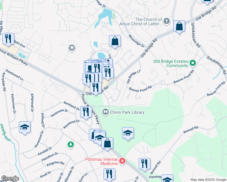 map of restaurants, bars, coffee shops, grocery stores, and more near 4069 Thackery Terrace in Woodbridge