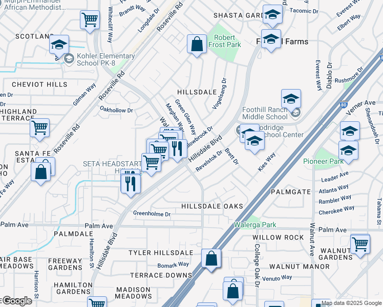 map of restaurants, bars, coffee shops, grocery stores, and more near 5817 Hillsdale Boulevard in Sacramento