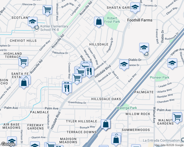 map of restaurants, bars, coffee shops, grocery stores, and more near 5749 Walerga Road in Sacramento