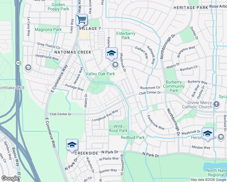 map of restaurants, bars, coffee shops, grocery stores, and more near 5381 Trysail Way in Sacramento