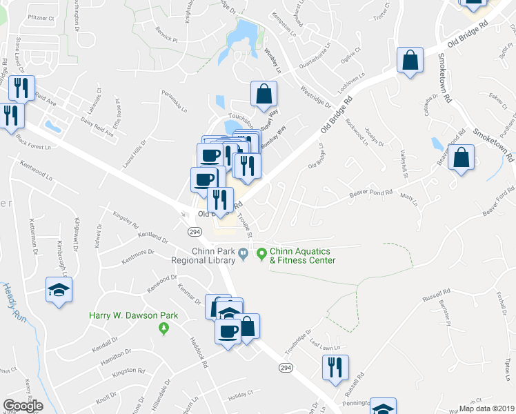 map of restaurants, bars, coffee shops, grocery stores, and more near 4073 Thackery Terrace in Woodbridge