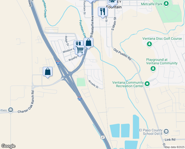map of restaurants, bars, coffee shops, grocery stores, and more near 800 South Santa Fe Avenue in Fountain