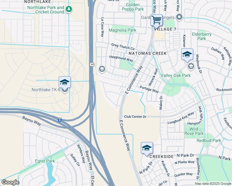 map of restaurants, bars, coffee shops, grocery stores, and more near 5301 East Commerce Way in Sacramento