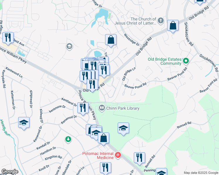map of restaurants, bars, coffee shops, grocery stores, and more near 4069 Thackery Terrace in Woodbridge