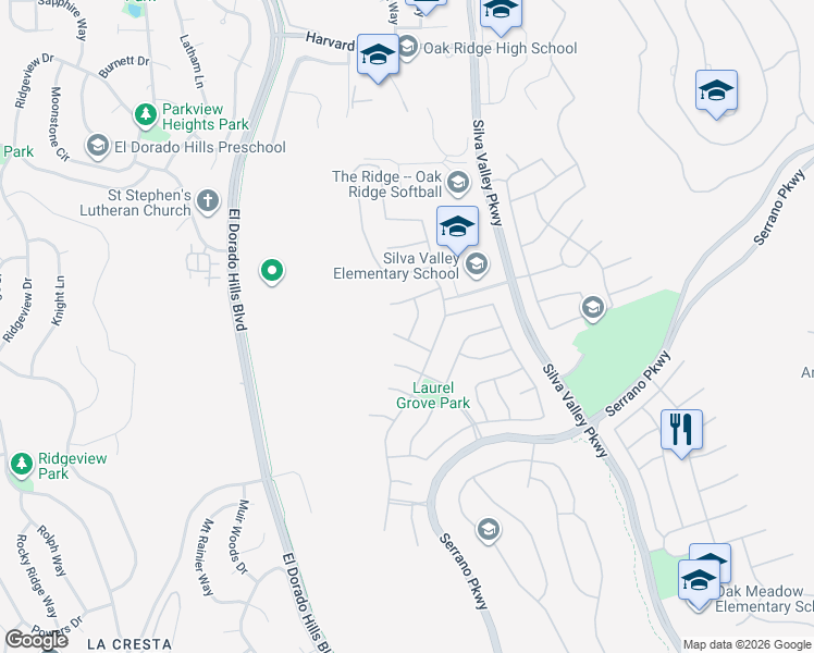 map of restaurants, bars, coffee shops, grocery stores, and more near 6026 Ladero Way in El Dorado Hills