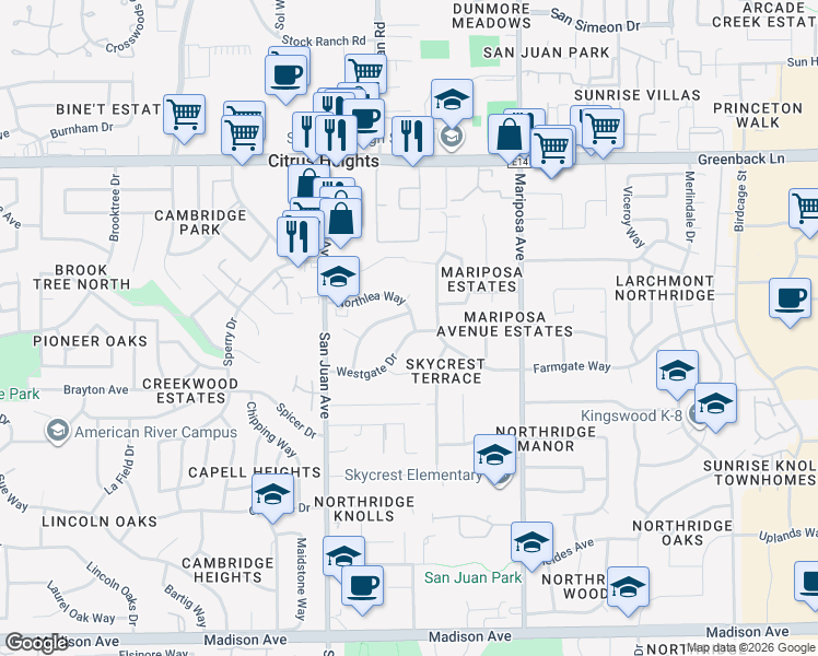 map of restaurants, bars, coffee shops, grocery stores, and more near 7504 Westgate Drive in Citrus Heights