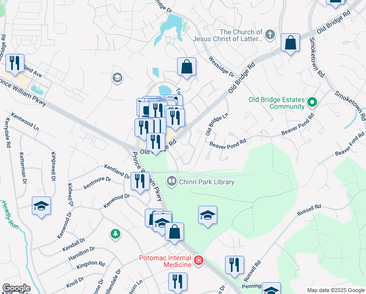 map of restaurants, bars, coffee shops, grocery stores, and more near 4073 Thackery Terrace in Woodbridge