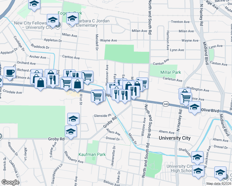 map of restaurants, bars, coffee shops, grocery stores, and more near 7853 Olive Boulevard in University City
