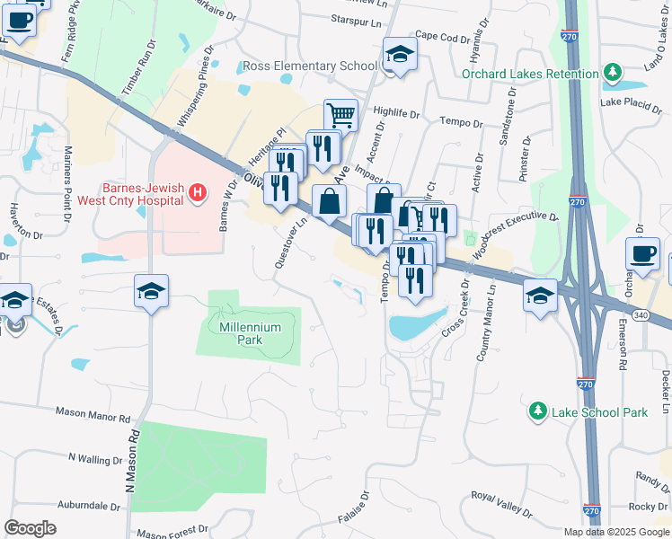 map of restaurants, bars, coffee shops, grocery stores, and more near 12434 Lighthouse Way Drive in Creve Coeur