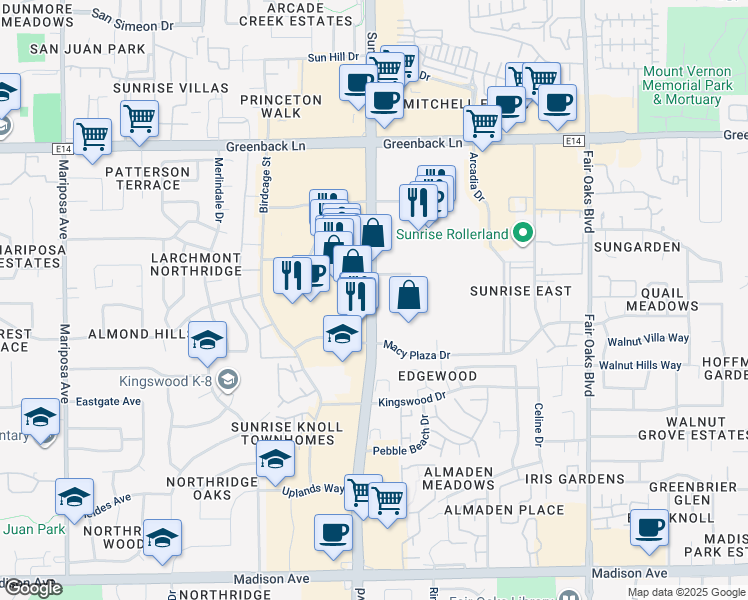 map of restaurants, bars, coffee shops, grocery stores, and more near 5844 Sunrise Boulevard in Citrus Heights