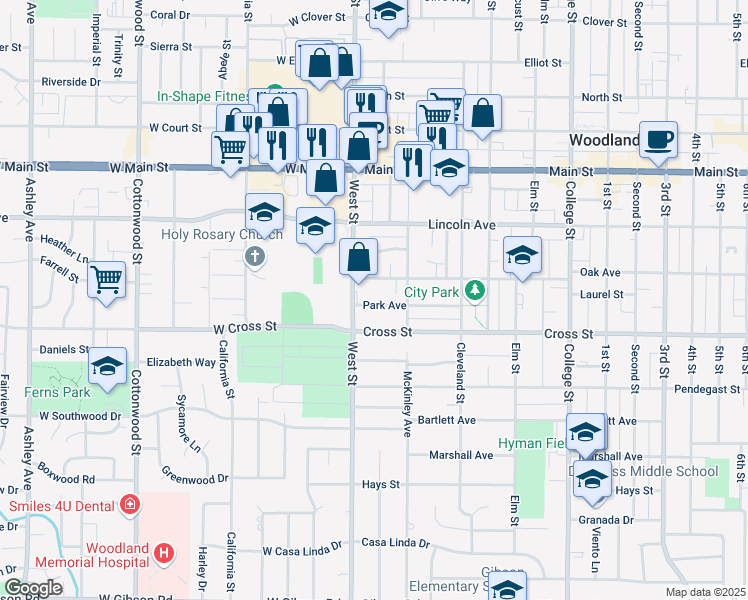 map of restaurants, bars, coffee shops, grocery stores, and more near 615 West Street in Woodland