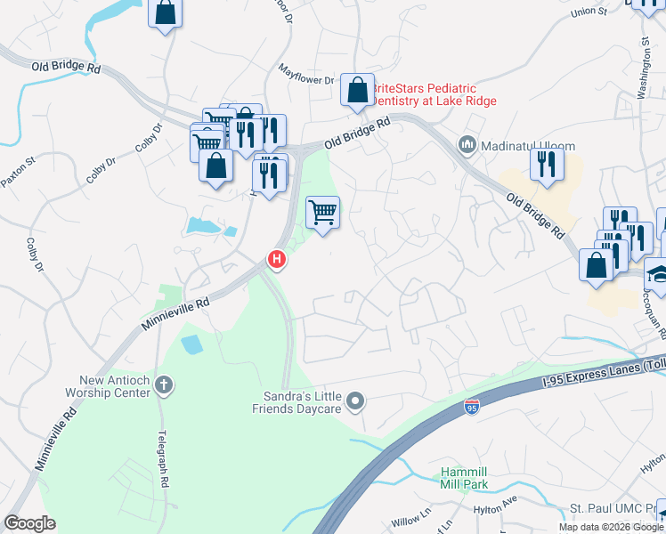 map of restaurants, bars, coffee shops, grocery stores, and more near 2061 Tacketts Village Square in Woodbridge