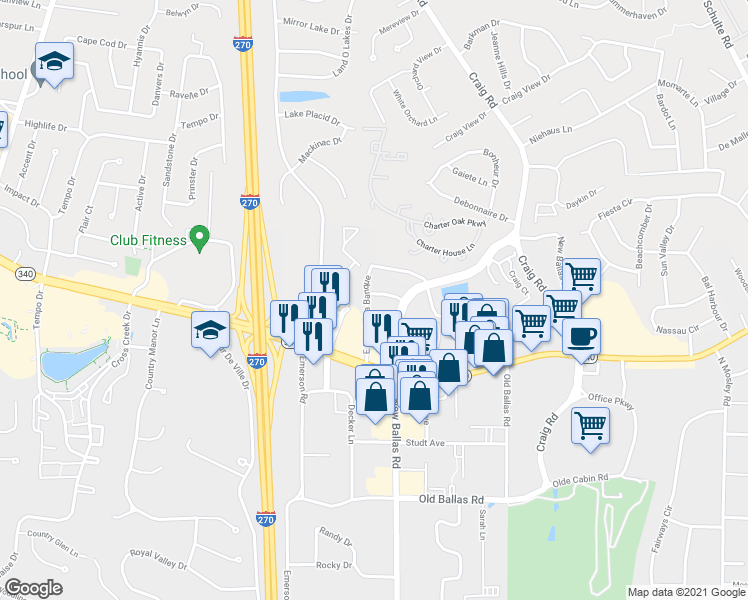 map of restaurants, bars, coffee shops, grocery stores, and more near 844 North New Ballas Court in Creve Coeur