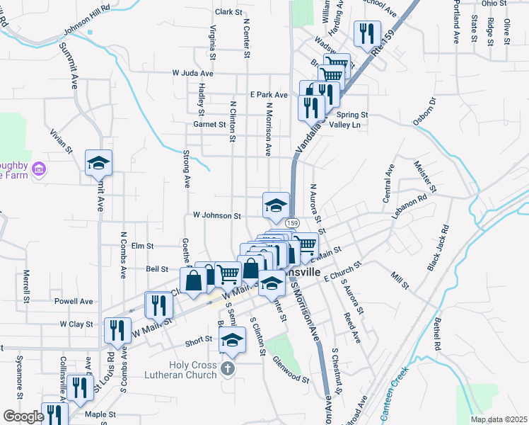 map of restaurants, bars, coffee shops, grocery stores, and more near 303 North Morrison Avenue in Collinsville