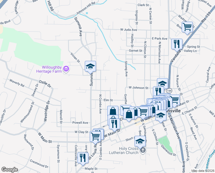 map of restaurants, bars, coffee shops, grocery stores, and more near 505 North Hesperia Street in Collinsville