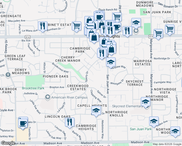map of restaurants, bars, coffee shops, grocery stores, and more near 5824 Sperry Drive in Citrus Heights