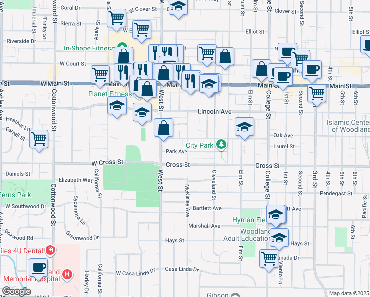 map of restaurants, bars, coffee shops, grocery stores, and more near 39 Park Avenue in Woodland