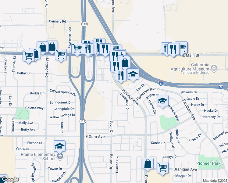 map of restaurants, bars, coffee shops, grocery stores, and more near 622 Laugenour Drive in Woodland
