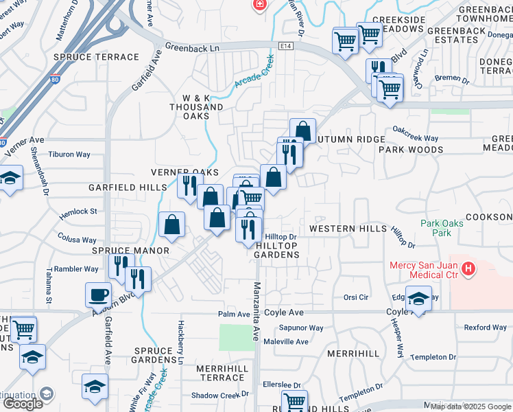 map of restaurants, bars, coffee shops, grocery stores, and more near in Carmichael
