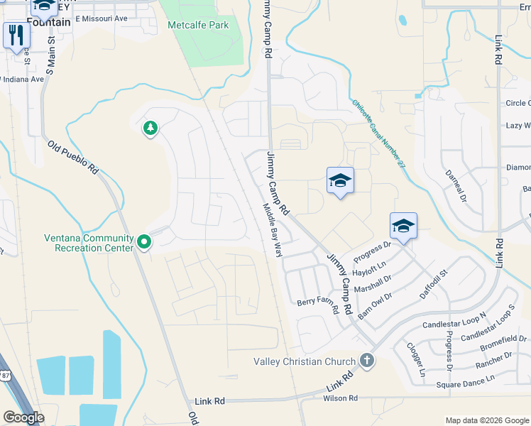 map of restaurants, bars, coffee shops, grocery stores, and more near 7603 Middle Bay Way in Fountain