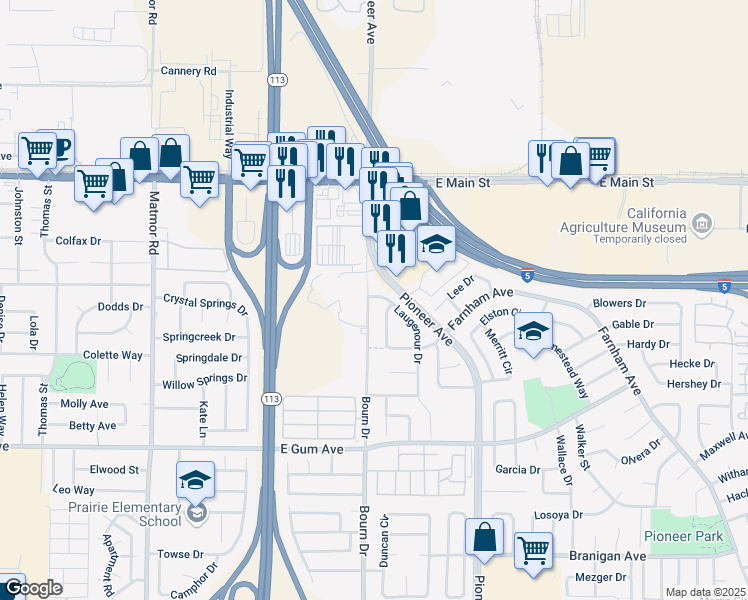 map of restaurants, bars, coffee shops, grocery stores, and more near 622 Laugenour Drive in Woodland