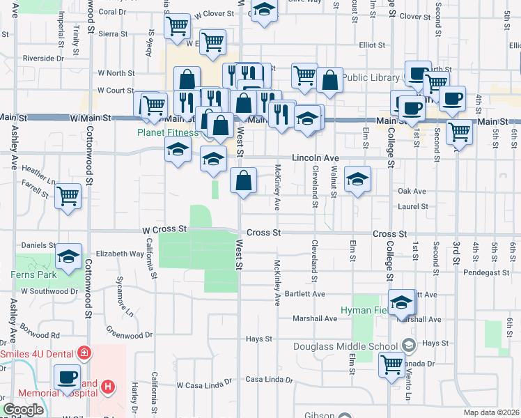 map of restaurants, bars, coffee shops, grocery stores, and more near 615 West Street in Woodland