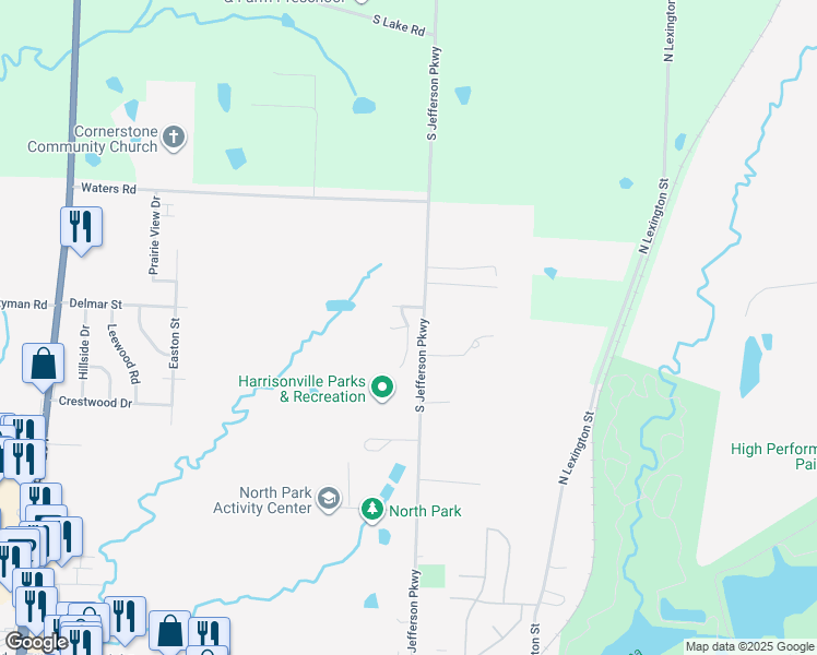 map of restaurants, bars, coffee shops, grocery stores, and more near 2607 South Jefferson Parkway in Harrisonville