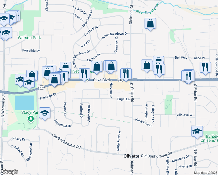 map of restaurants, bars, coffee shops, grocery stores, and more near 19 Crabapple Court in Olivette