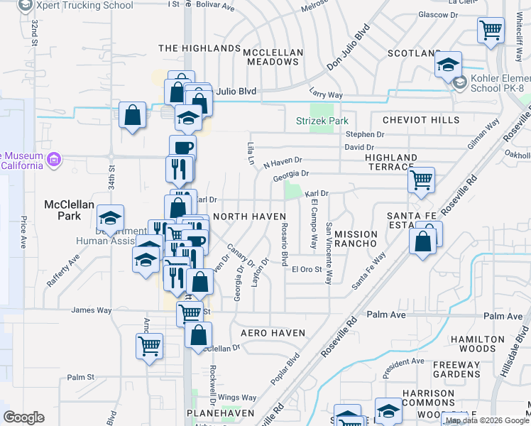 map of restaurants, bars, coffee shops, grocery stores, and more near 5844 North Haven Drive in North Highlands