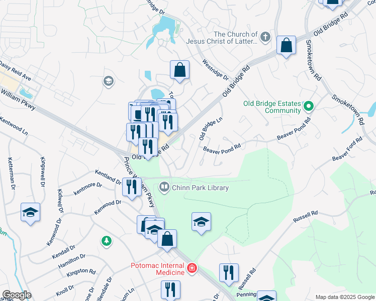 map of restaurants, bars, coffee shops, grocery stores, and more near 12911 Titania Way in Woodbridge