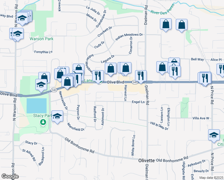map of restaurants, bars, coffee shops, grocery stores, and more near 27 Crabapple Court in Olivette
